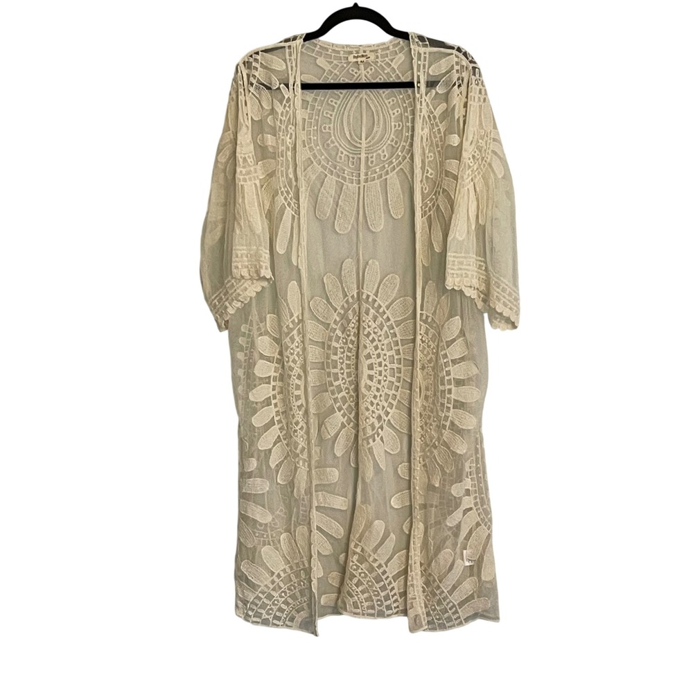 Rebellion Again Cream Lace Duster Cardigan Kimono Boho Floral Mesh Medium